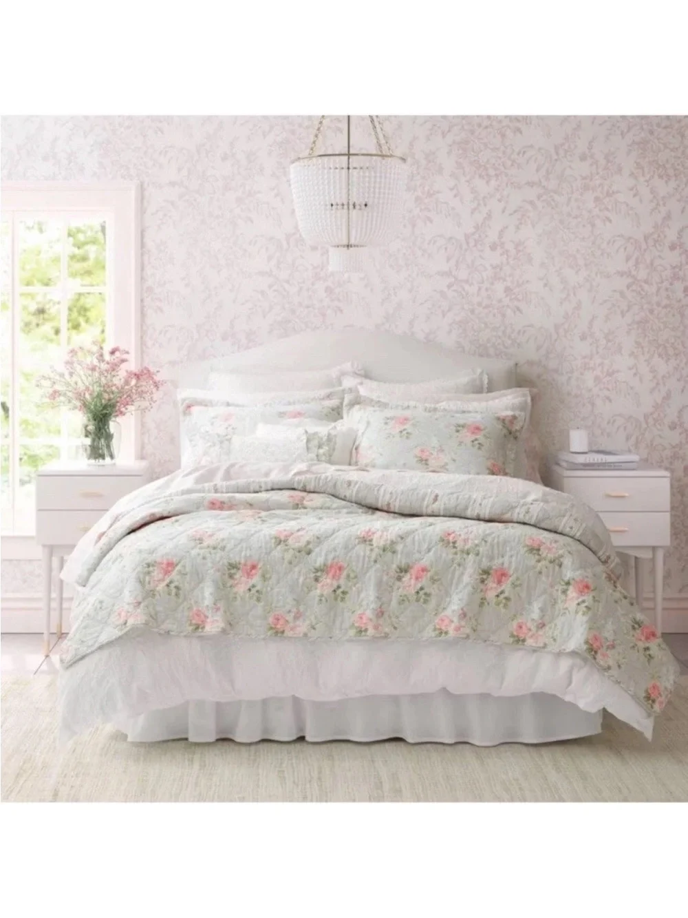 Laura Ashley ~ KING Melany Pink Rose Floral 3pc 100%Cotton Quilt Set Reversible